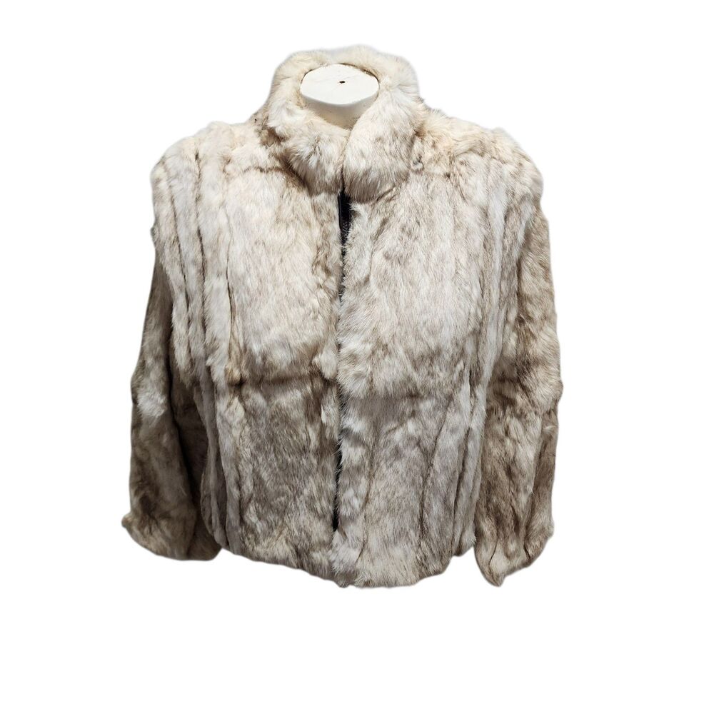 Vintage Rabbit Fur Jacket Women’s M Neutral Brown Plush Zip Front Coat
